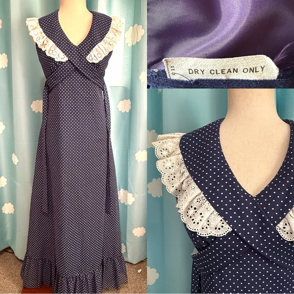 Vintage prairie dress- polka dot navy ruffle, lace cross tie maxi- XXS - Picture 1 of 8